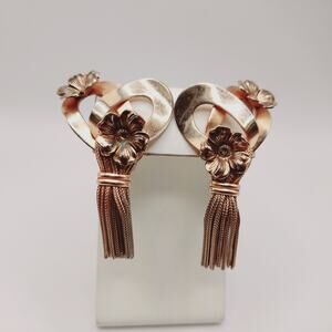 Vintage 1950s Gold Tone Tassel Clip Earrings with Flowers, 2.5 Inches